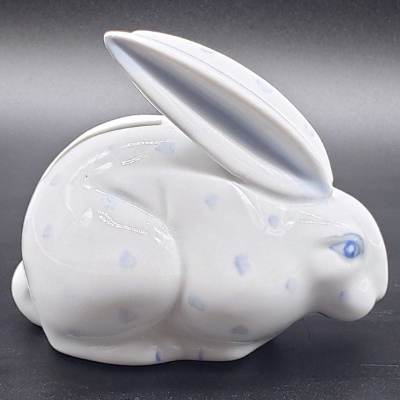 Abbott Collection Small White Porcelain Blue Spotted Rabbit Coin Bank w/Stopper - Picture 1 of 16